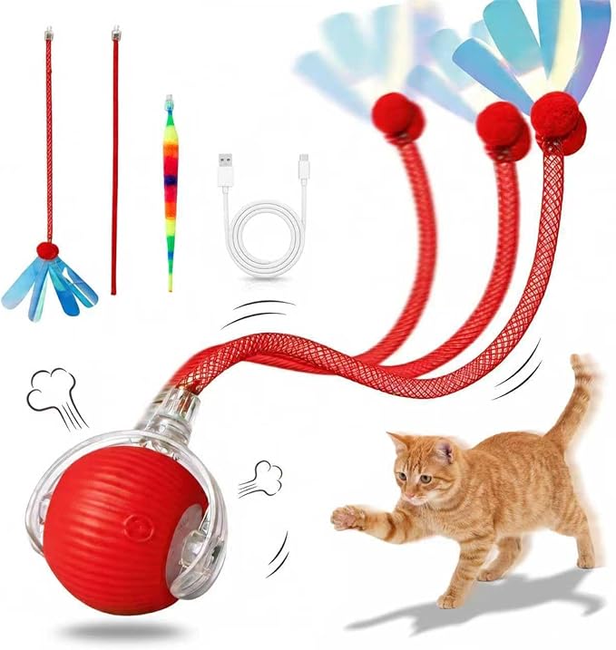 Rechargeable Smart Rolling Cat Ball, Automatic Interactive Cat Toy with 3 Modes, LED Light & 3 Replaceable Accessories, Indoor Cat Exercise Toy for Kittens & Adult Cats, for Boredom Relief Red