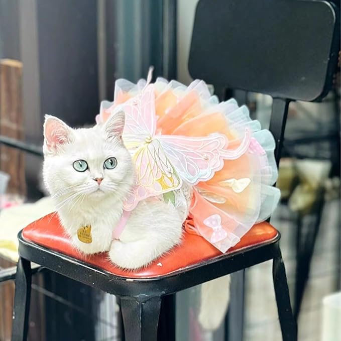 Butterfly Fairy Dog Dress with Wings, Rainbow Tulle Tutu Costume for Small Dogs Cats Rabbits, Adjustable Princess Pet Outfit for Halloween Christmas Easter Birthday (Colorful-Butterfly, Small)