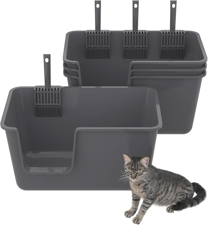 Open Cat Litter Box, Large Standard Litter Box, Kitten Litter Potty Pan for Small & Large Cats, Easy to Clean, Low Entry, 4 Units, Grey