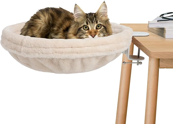 Cat Desk Bed, Round Cat Bed for Desk，Adjustable Steel Frame, Indoor Desk Perch for Cat up to 25 lbs, Unique and Modern Cat Furniture（Cream）