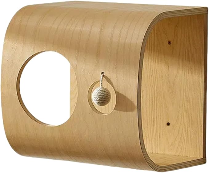 Soild Wood Round Wall Mounted Cat Bed Shelves, Cat Climbing Frame with Cushion, for Cats Sleeping, Playing, Climbing (D-Shaped Wood Color)