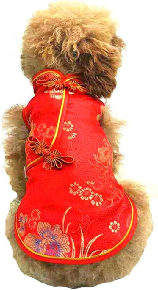 SEIS Pet Costume Tang Suit Dog Cheongsam Satin Clothes Chinese Style Clothing for Dogs Pet Skirt Puppy Cats Dress Dog Vest Tshirt (Red, M)