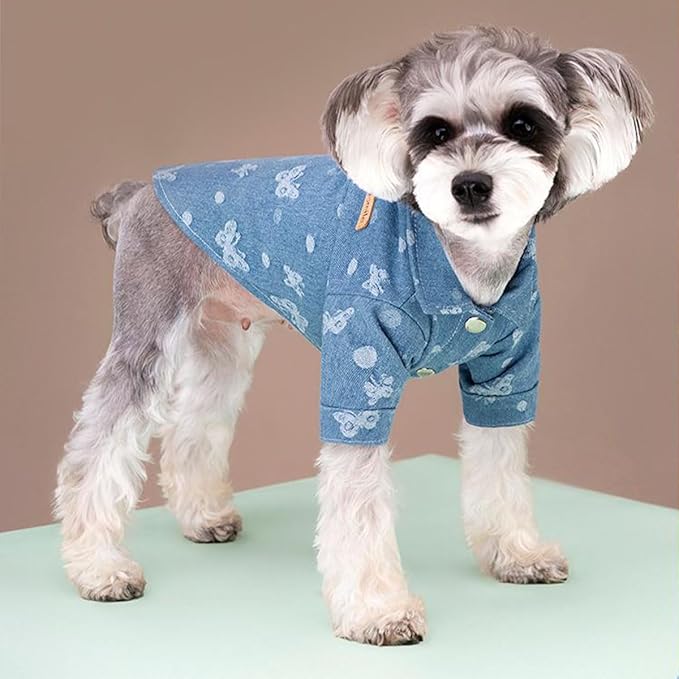 Unisex Pet Denim Shirt for Cats & Small Dogs, Soft Washed Denim, Collared Button Down with Back D-Ring, Breathable Cotton, Spring/Summer/Fall (Small, Shirt-Light Blue with Butterfly)