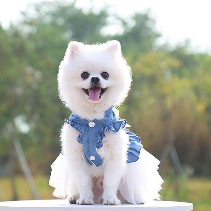Dog Cat Denim Tutu Dress, Princess Puppy Kitten Outfit with Pearl Bow & Stand-Up Collar, Sleeveless Pet Clothes for Wedding Birthday Party, Easy Front Snap Closure for Chihuahua (White-Denim, Medium)