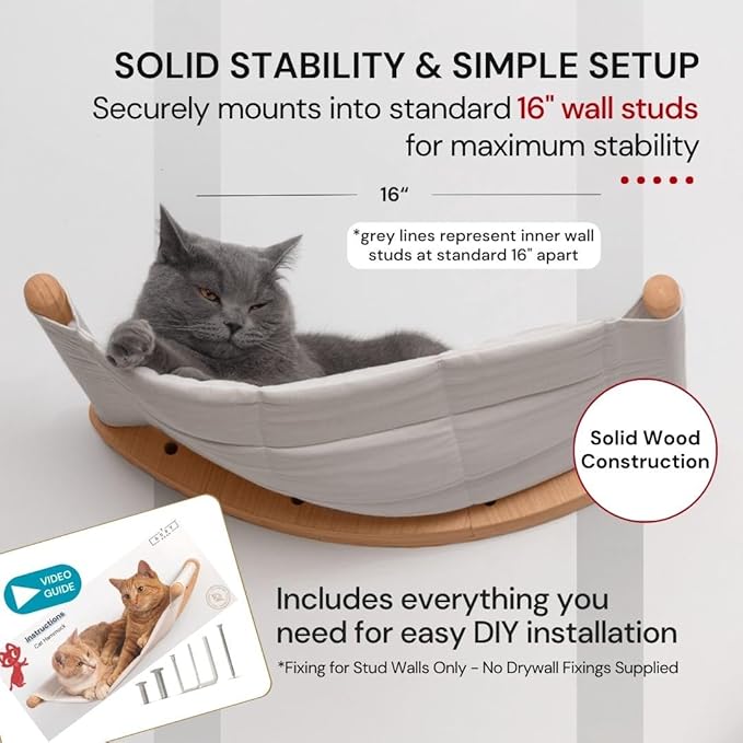7 Ruby Road Cat Wall Hammock – Wall Mounted Cat Bed for Large Cats – Wood Perch Shelf, Cat Hammock for Wall, Holds Up to 35 lbs