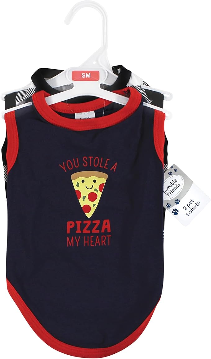Luvable Friends Dog Pet Dog and Cats Cotton T-Shirts 2pk, Pizza Plaid, X-Small