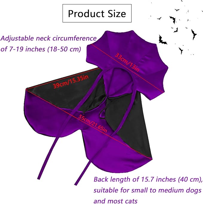 Qiansail Cat Cape Vampire Cloak Halloween Dog Costume Pet Cosplay Apparel Outfit Decor Accessories for Puppy Kitten (Black&Purple)