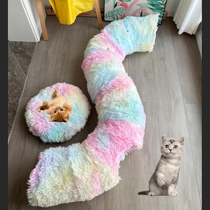 Cat Bed Tunnel Tube Toy Rainbow Plush Round, Collapsible Pet Tunnels for Indoor Cats, Interactive Toys Play Tubes with Hanging Ball for Kitty, Puppy, Rabbit for Fun Playtime & Exercise