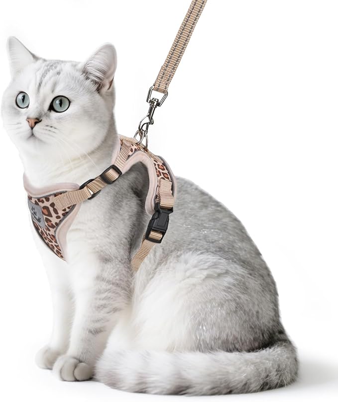 PUPTECK Cat Harness and Leash Set Escape Proof Reflective Cat Walking Harness Adjustable Soft Breathable Mesh Vest for Small Pets, Khaki Leopard Print, M