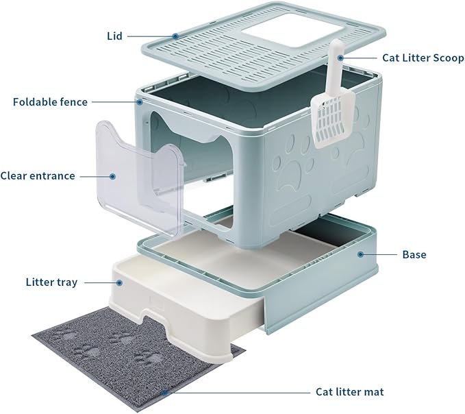 Medario Cat Litter Box with Litter Mat and Scoop, Large Covered Litter Box with Lid, Enclosed Kitty Box, Front Entry Top Exit, Odor Control, Easy to Clean (Blue)