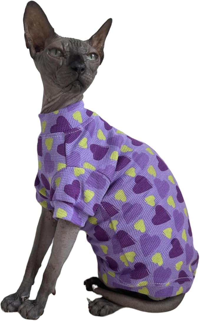 Limited Edition Sphynx Cat Cotton T-Shirts Hairless Cat Sweatshirt Pet Kitten Clothes Round Collar Kitten Shirts Vest Cats & Small Dogs Apparel (Purple Heart, XL (10-12 lbs))
