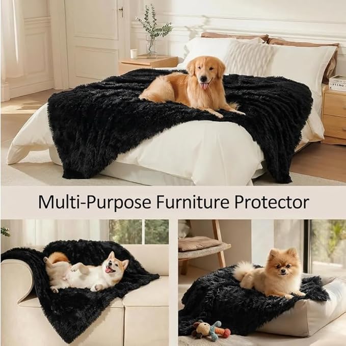Black Fluffy Waterproof Caling Blanket for Big Dogs Fuzzy Long Faux Fur Pet Blankets for King Size Bed Covers (Black,XL-85x57in)