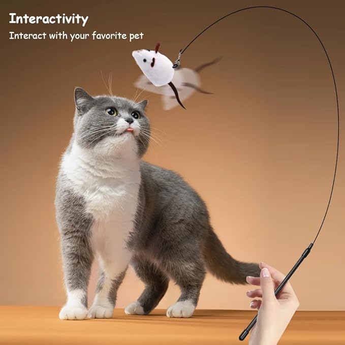 PAZ'S GIFT Cat Wand Toy, Mouse 2-piece Catnip wzggle Sound Toy, Soft and Durable, Interactive cat kick for Indoor Games