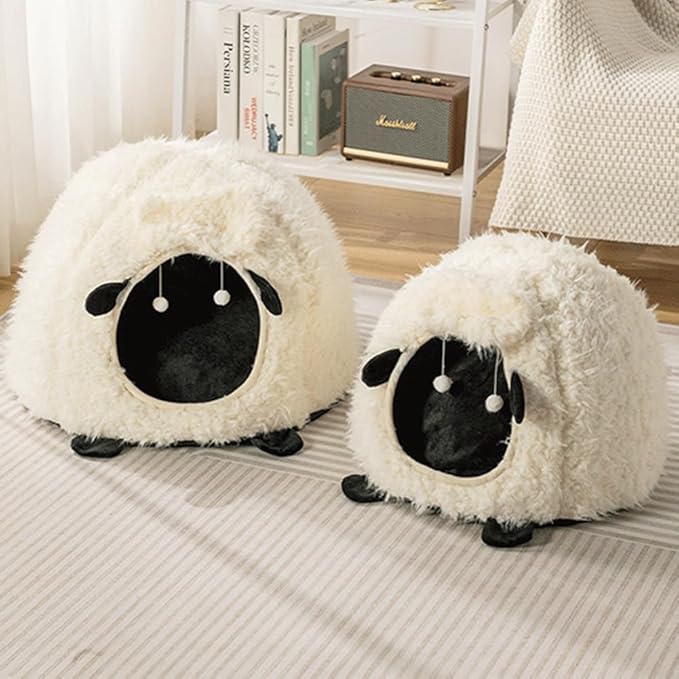 LYFJMUS Mushroom Cat Bed Chocolate Cookie Cat Beds for Indoor Cats Mushroom Cow Shape Cat Cave Bed Cat Tent with Removable & Washable Cushion Pillow Cat House Bed for Cats Small Dogs ﻿ (White Sheep)