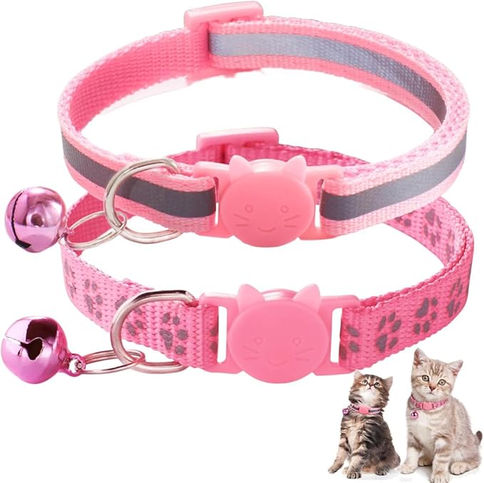 Reflective XS Cat Collar with Bell, 2 Pack Breakaway Kitten Collars Girl Cute Soft Quick Release Safety Buckle for XXS XSmall Extra Small Tiny Little Pets Female Pink