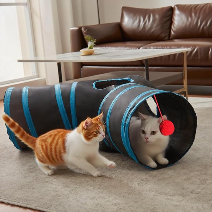 Cat Tunnel Tube Toy Collapsible 3 Way Black Blue, Pet Tunnels for Indoor Cats, Play Tubes with Hanging Ball Perfect Interactive Toys for Fun Playtime & Exercise for Kitten, Puppy, Rabbit