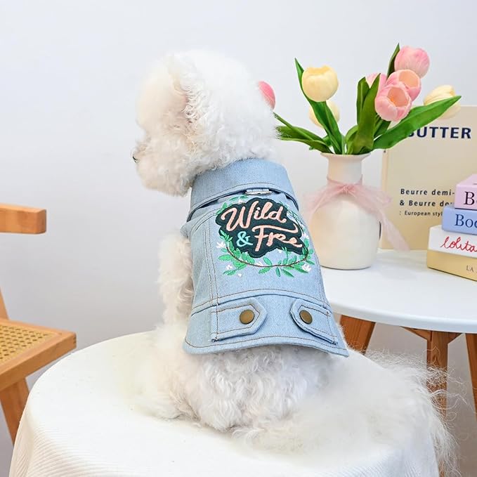 Dog Denim Vest Harness with D-Ring, Jean Jacket for Small Dogs & Puppies, Adjustable Pet Clothes for Chihuahua Yorkie Poodle, “Wild & Free” Embroidered Outfit(M)