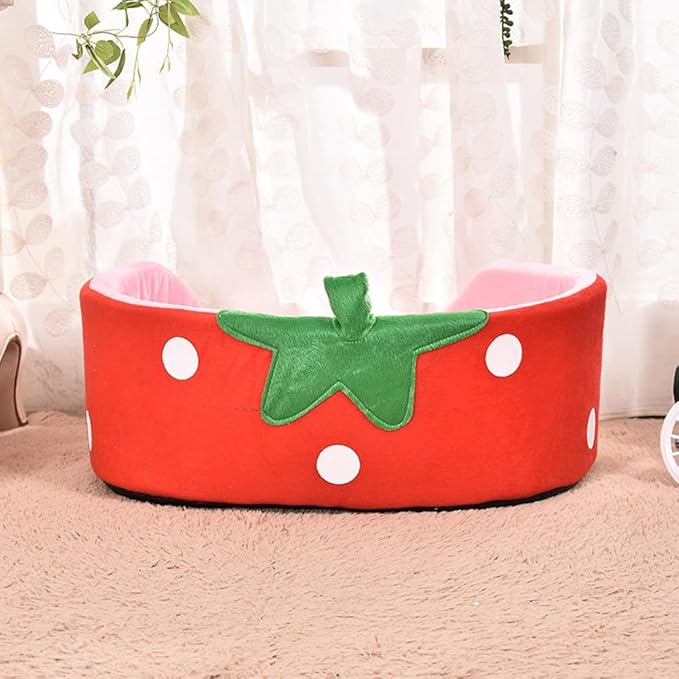 Strawberry Cat Bed, Cute Fluffy Pet Bed for Indoor Small Dogs, Pink Aesthetic Fancy Cat Sofa Couch with Removable Washable Cushion, Cozy Winter Puppy Bed for Teddy Poodle (S)