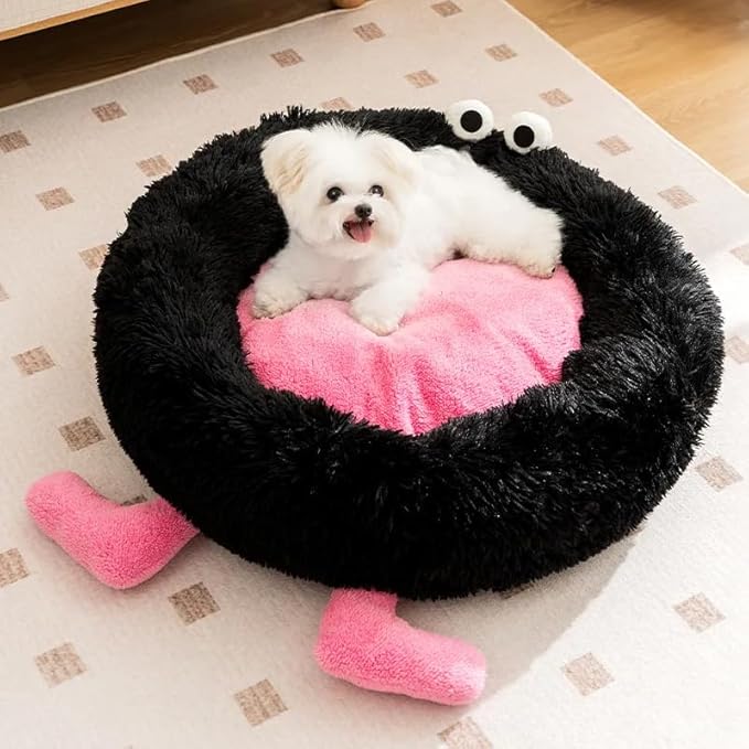 Calming Dog Cat Bed, Anti-Anxiety Donut Warming Cozy Soft Round Bed, Machine Washable, Fluffy Faux Fur Plush Cushion Bed for Small Medium Dogs and Cats 25.6 in