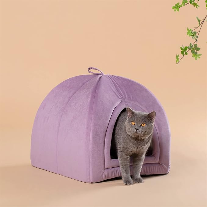 KASENTEX Cat Bed for Indoor Cats, 2-in-1 Cat House Pet Supplies for Kitten and Small Cat or Dog - Animal Cave, Cat Tent with Removable Washable Pillow Cushion (Purple 15x15x15)