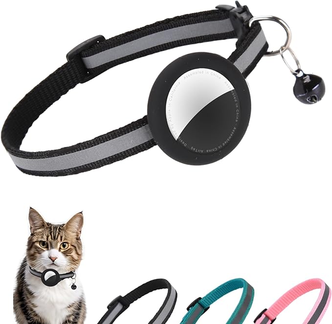 Reflective Cat Collar Fits for AirTag Holder, Breakaway Safety Buckle, Bell & Adjustable Strap for Cats Kittens - Compatible with Apple AirTag, Anti-Lost Pet Tracker Collar,Black