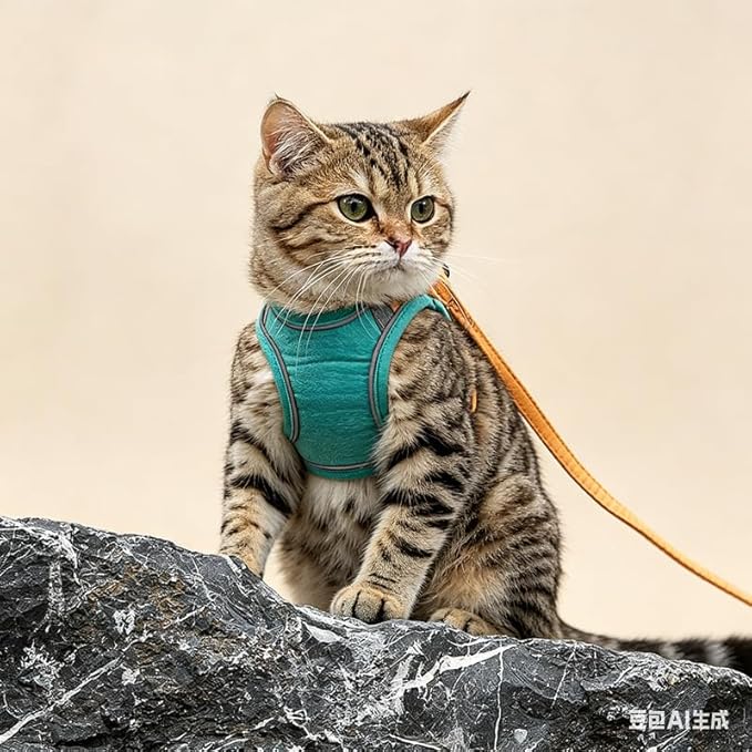 Greenfiree Cat Harness and Leash Set, Escape-Proof, Reflective, Adjustable, Medium, Green, Plush Lining, Clip Closure, Machine Wash