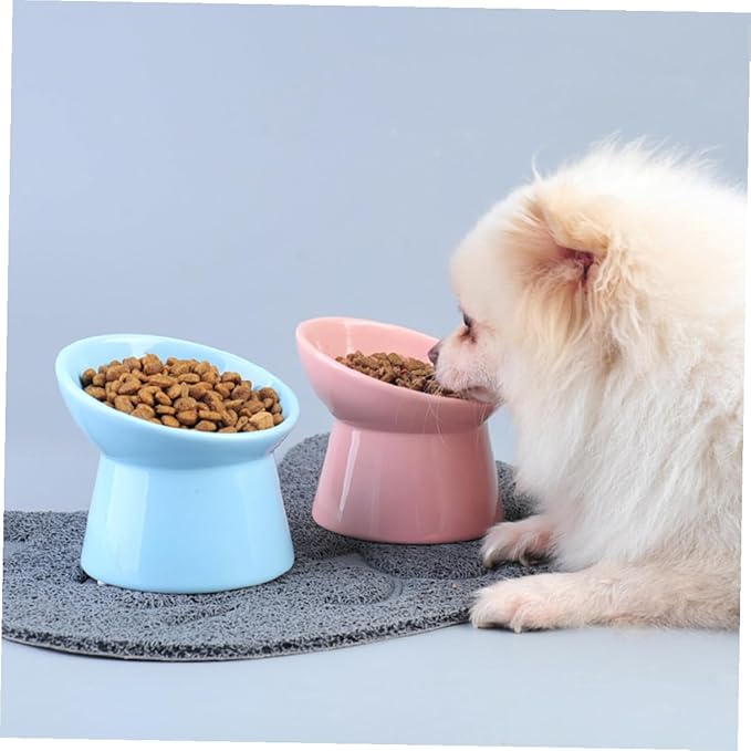 FRCOLOR Ceramic Raised Pet Food Bowl with Slanted Edge for Neck Protection, Pink Cat and Dog Feeder Bowl Suitable for Cats and Small Dogs in Feeding Watering Supplies