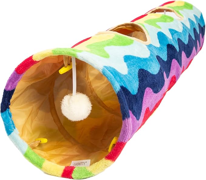 Cat Tunnel -Straight-Shaped, Rainbow Wave Color, Soft Velvet Exterior, Oxford Fabric Fog-Proof Interior, Plush Toy Ball, Easily Washable, Conveniently Foldable, 47.2in/120cm