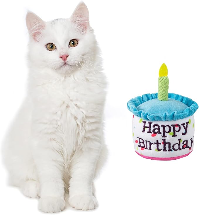 Happy Birthday Cake Catnip Toys, Birthday Cake Shaped Chew Toys for Kitten Funny Cats Gifts Plush Cat Birthday Party Toys, Blue