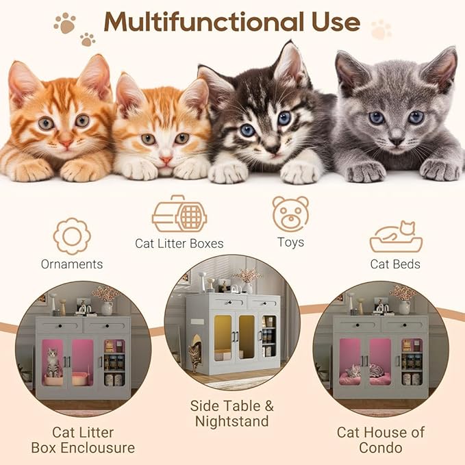 Cat Litter Box Enclosure Furniture with Glass Doors & LED Light, Large Hidden Litter Box Cabinet with Drawers and Adjustable Shelf, Modern Cat Litter Box Cover Side Entry for Living Room Bedroom,Gray