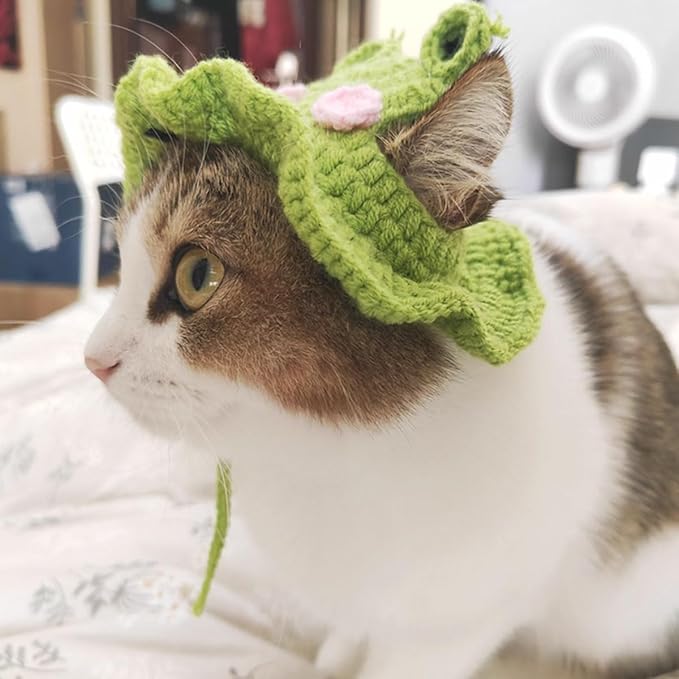Cat Party Hat with Ear Holes and Adjustable Tie, Soft Polyester, Washable, Green Frog Party Hat for Cats 4-16 lbs, Holiday & Photo Outfit