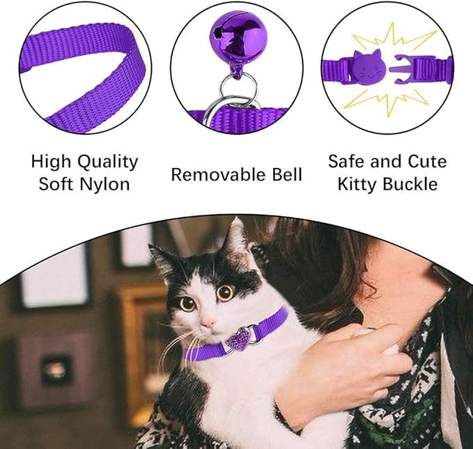 Mtliepte 2 Pcs Cat Collars Heart Bling Breakaway with Bell Nylon Adjustable for Kitty(Black+Purple)