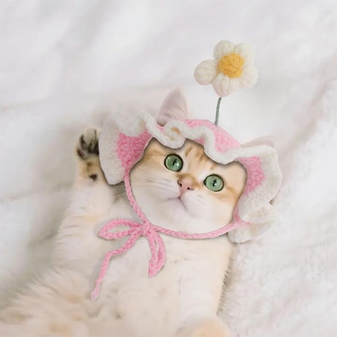 Cat Hat, Cute Flower Crochet Cat Hat Knitted Costume Headwear for Kitten Dog Puppy Pet Halloween Christmas Small Knit Cap Clothes Decoration (Pink)