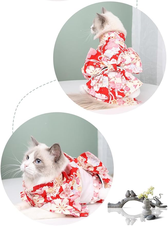 Cute Cat Kimono Dress SakuraFlower Pattern with Bowtie Pet Photo Cat Halloween Costume Cat Princess Cute Cat Outfit (Purple,S-3to7lb)