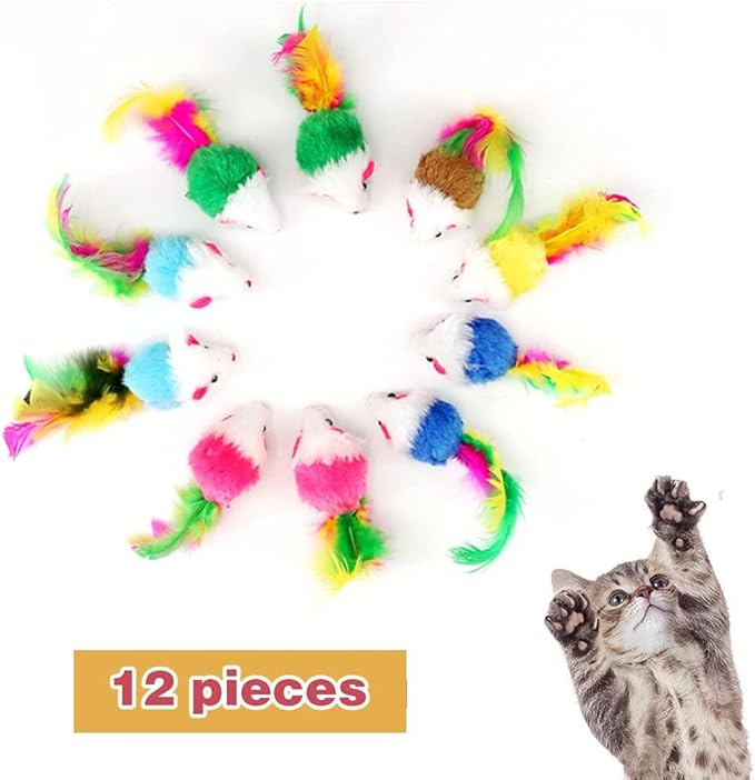 Cat Mouse Toys 12 Pcs Rattle Mice for Indoor Cats Furry Feather Fake Mouse Kitten Interactive Play Squeaky Fur Mice Cat Toy Funny Kitty Tracking Game with Rattling Sounds