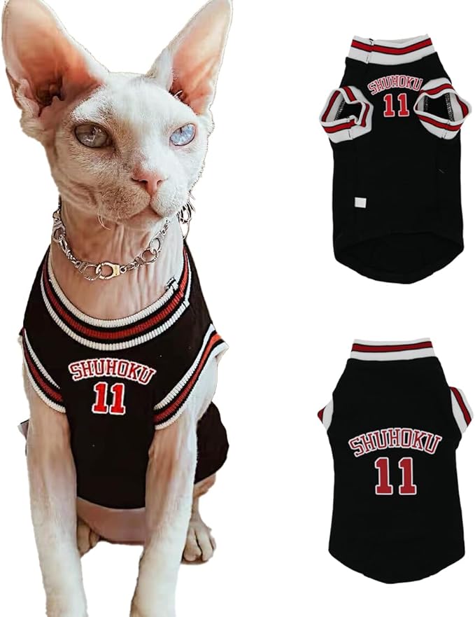 Sphynx Cat Basketball Jersey, Anime-Inspired Pet Shirt, Breathable Stretchy Cotton Outfit for Hairless Cats & Small Dogs, Sleeveless Sport Costume for Cats (Black, X-Large (7-9.5lbs))