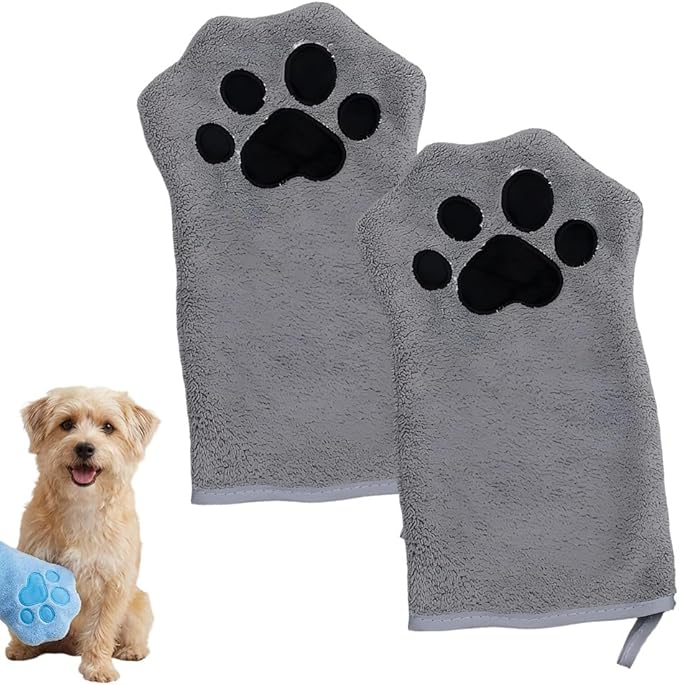 SENOY Paw Bathing Towel for Cats, Washable Reusable Coral Fleece Pet Drying Glove, Quick-Absorbent Cat Bathing Supplies with Hanging Loop, Soft Grooming Towel for Dogs & Cats (Grey-2pcs)
