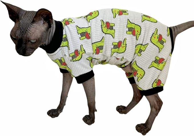 Sphynx Cat Four Leg Cotton Pajamas Elastic Pet Clothes for Hairless Cats Surgery Recovery Suit Undershirt Clothes for Sphynx, Devon, Cornish (Crocodile, M)