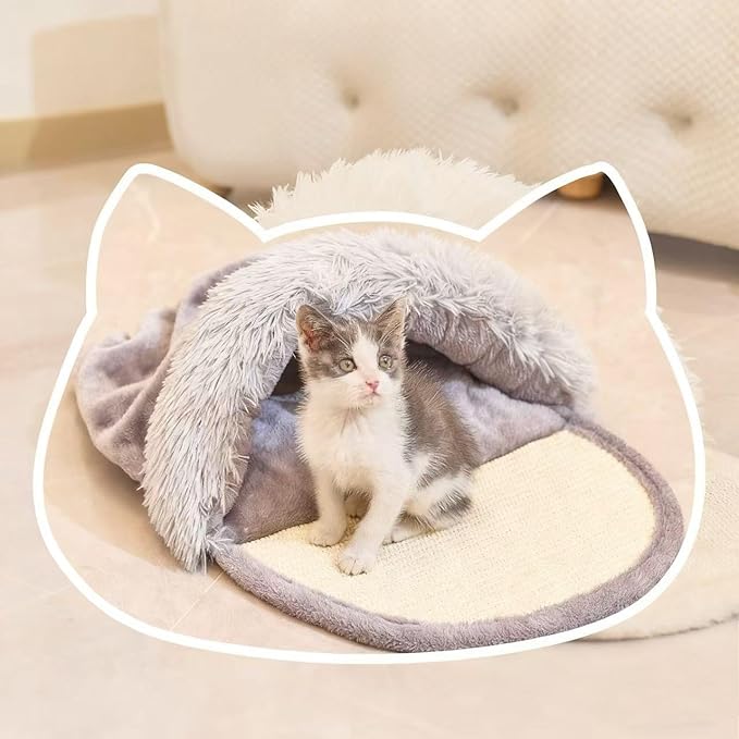 Pet Slipper Cave Bed for Indoor Cats and Small Dogs with Scratching Board, Anti-Slip & Durable, Washable for Kittens and Small Pets, Gray