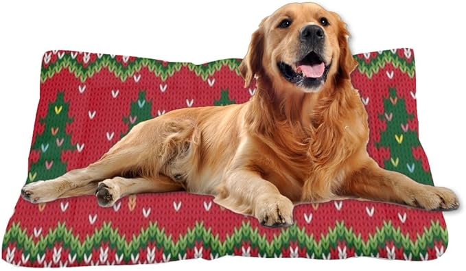 Christmas Sweater Tree Design Kennel Mat Warm Dog Bed Mat Cat and Dog Bed Pet Warm Non- Slip Bottom Pet Friendly Furniture Multi- Scenario Pad Gift Printed Car 36× 24 Inch