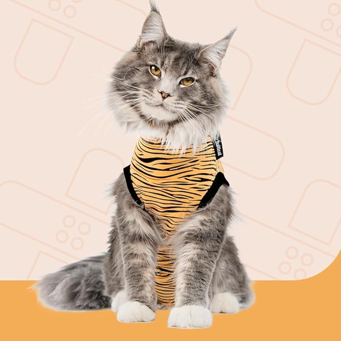 Suitical Cat Recovery Suit for Spay, Neuter, Suture, Incision, & Skin Conditions - Breathable Fabric with Back Opening - 16.9-20.1 Inches Neck to Tail, 23-34 Inches Chest - S, Tiger Print