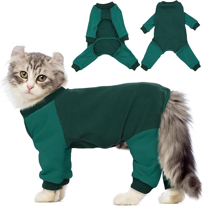 QBLEEV Sticky Hair Cat Clothes, Soft Cat Pajamas for Cats Only, Prevent Lost Fur Kitten Sweater Onesie, Stretchy Recovery Suit for Female Male Cats After Surgery Daily Wear, Green, XL