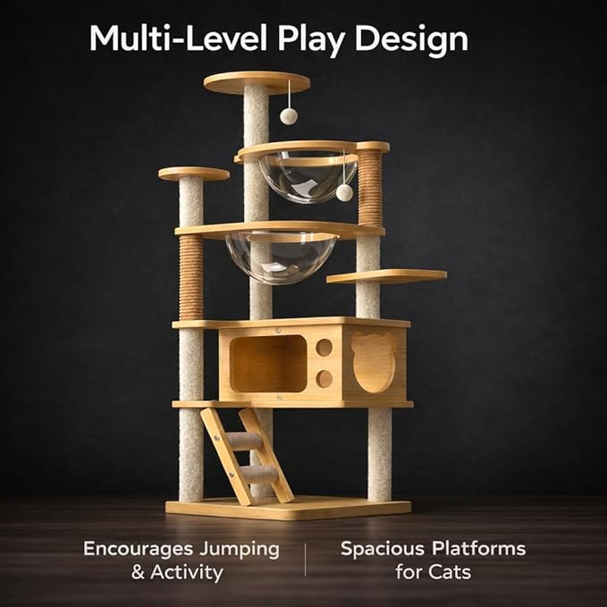 Cat Tree for Indoor Cats, 57" Large Modern Cat Tower with 2 Acrylic Space Capsule Perches, Wooden Cat Condo, Sisal Scratching Posts, Easy-Climb Ladder & Hanging Toys, Cat Activity Tree for Large Cats