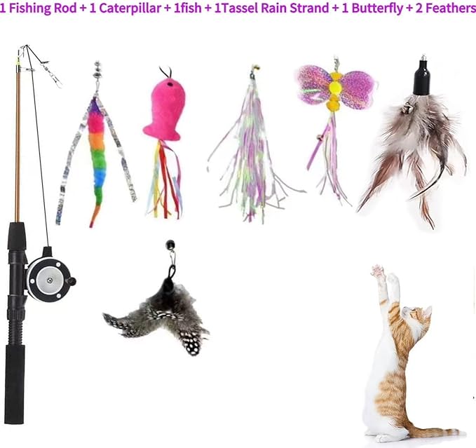 Retractable Cat Teaser Wand Toy, Cat Toys for Indoor Outdoor Cats Interactive Fishing Rod with 6 Pcs Refills Feather Toy, Caterpillar Butterfly & Fish