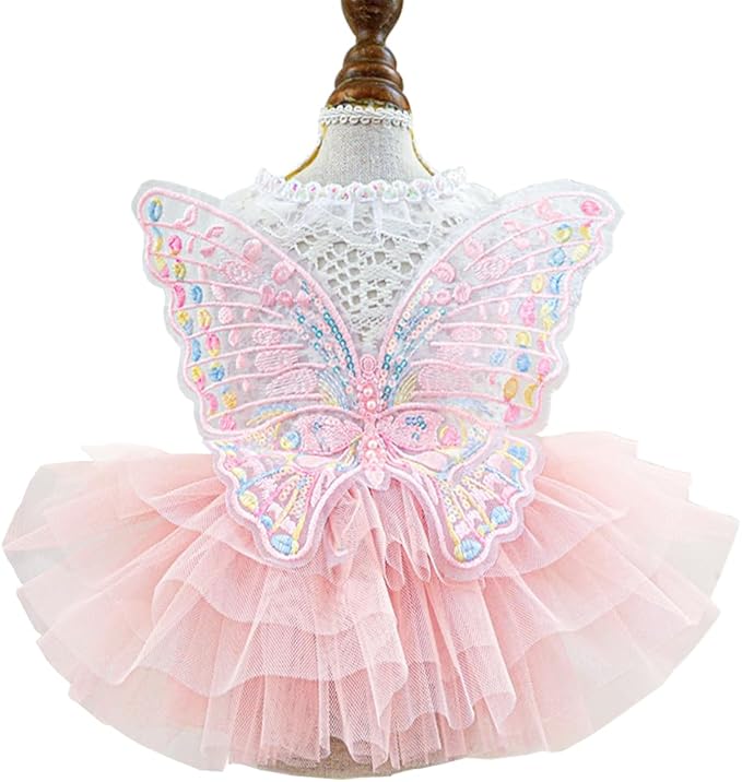 ANIAC Butterfly Dog Dress with Pink Tutu Funny Dog Clothes with Wing Girl Puppy Dress for Small Dogs Pet Butterfly Costume Holiday Cat Outfit for Halloween Birthday Wedding (Pink, Small)