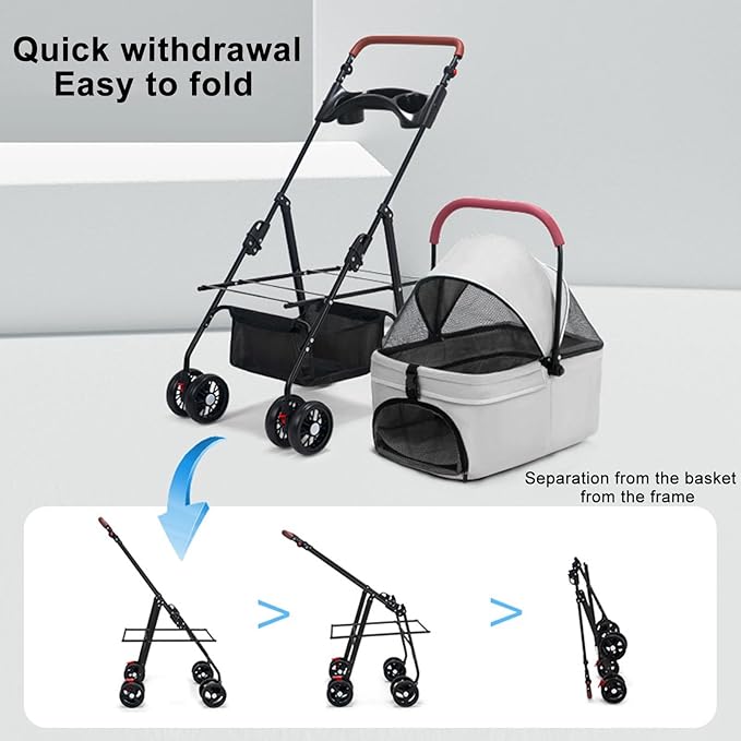 Pet Stroller for Medium Small Dogs/Cats - 4 Wheels Foldable Dog Stroller with Storage Basket,Dog/Cat Carrier,Adjustable Handle,Folding Puppy Carrier Suitable for Traveling with Cats and Dogs (Grey)