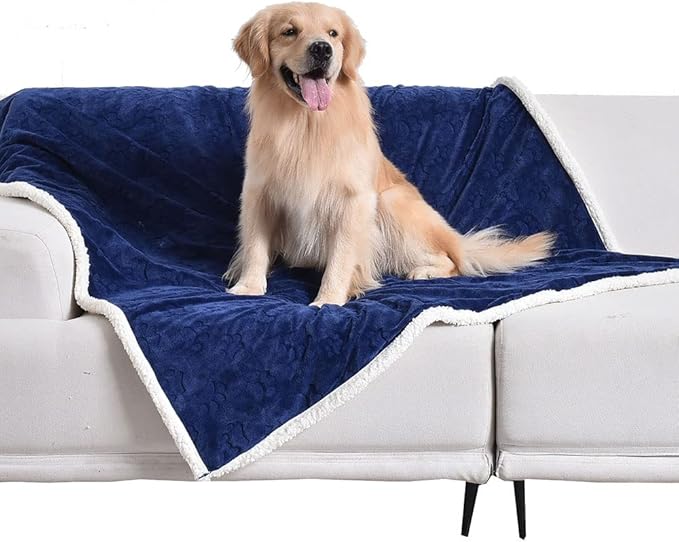 Qeils Waterproof Blanket for Bed, Dog Blankets for Large Dogs, Waterproof Cat Blanket Washable, Soft Sherpa Fleece Puppy Blanket, Reversible Throw Protector for Couch Car, 50"X60", Navy Blue