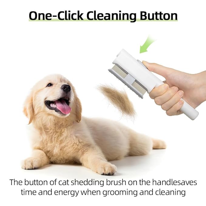 Marchul 2 Pack Self-Cleaning Pet Grooming Comb Set, Cat & Dog Flea Brush with One-Click Release Button, Stainless Steel Round Teeth Comb for Removing Tangles, Loose Fur and Shed Hair, White