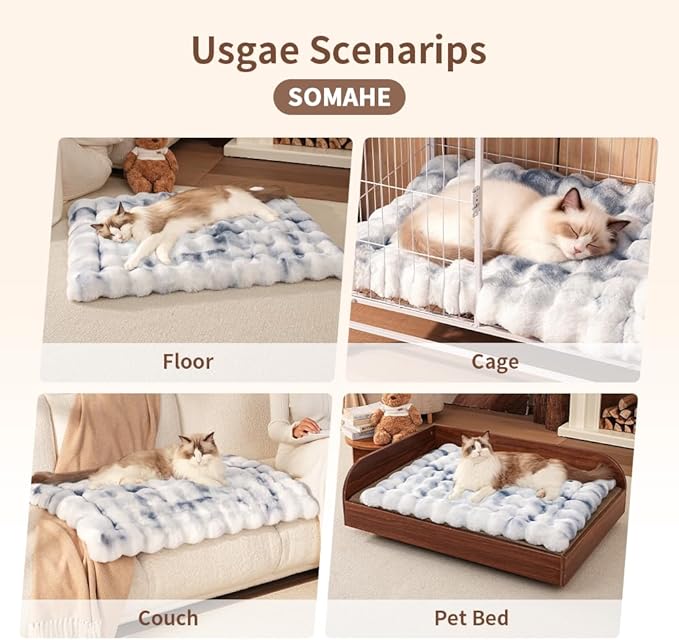 SOMAHE Cat Bed, Plush Faux Fur Kneading Flat Mat - Machine Washable Fluffy Pet Bed for Indoor Cats, Non-Slip Small Kitten Bed, Therapeutic Knead Cat Mat for Couch & Window Sill, 23"×15" Inch, Blue