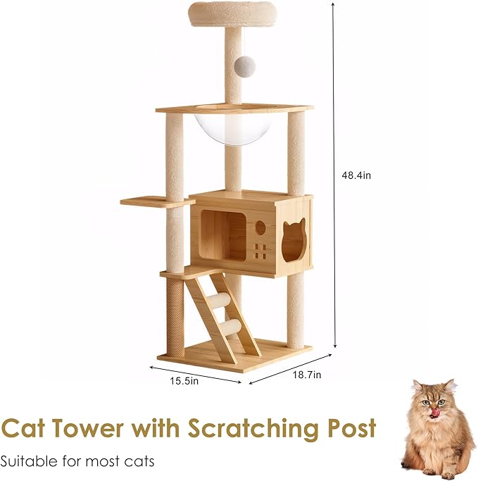 48.8" Cat Tree, Cat Tower with Sisal-Covered Scratching Post and Soft Cat Beds, Cat House Furniture with Acrylic Hammock, Kitty Playground for Small and Large Cats